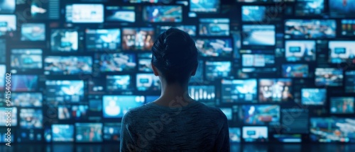 A person stands in front of multiple screens displaying various media, immersed in technology and modern communication.