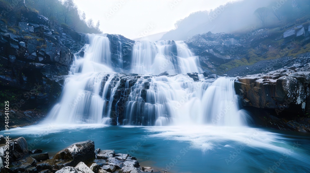 Fototapeta premium Misty Waterfall Amidst Rugged Rocks, a dramatic scene of cascading water enveloped in mist, showcasing nature's raw power and serene beauty in a breathtaking landscape.