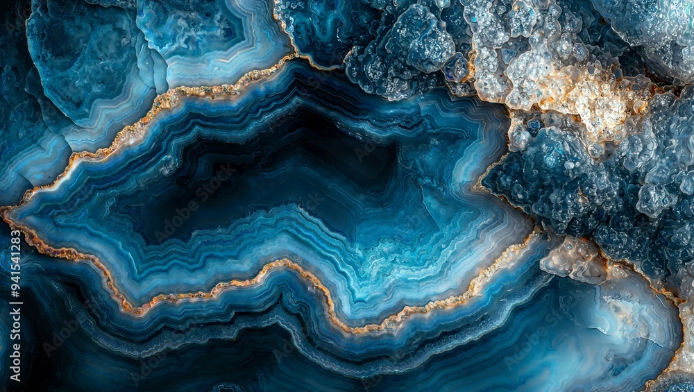 Oceanic Agate. A mesmerizing slice of a blue agate geode, showcasing intricate patterns of swirling blue hues and golden veins, reminiscent of underwater depths. Oceanic Agate. A mesmerizing slice of a blue agate geode, showcasing intricate patterns of swirling blue hues and golden veins, reminiscent of underwater depths.