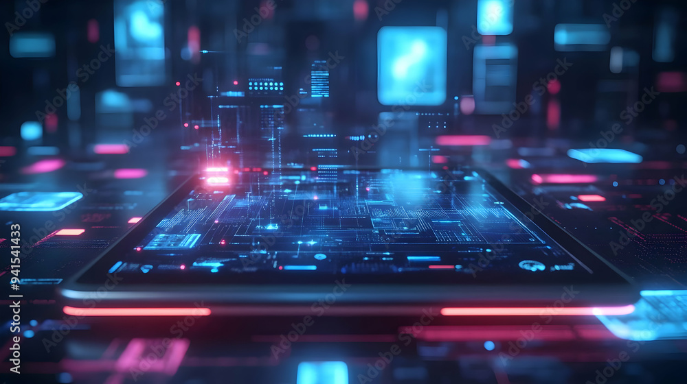 3D Icon as Tablet with holographic AI trading and stock market icons concept as Camera movement Slide across the tablet screen with a focus on glowing holographic AI trading and stock market icons. Sc 3D Icon as Tablet with holographic AI trading and stock market icons concept as Camera movement Slide across the tablet screen with a focus on glowing holographic AI trading and stock market icons. Sc