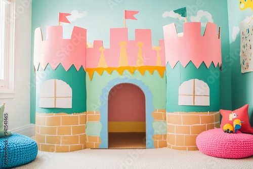 DIY kids' playhouse made from cardboard, styled like a medieval castle. The castle features hand-painted bricks, turrets photo