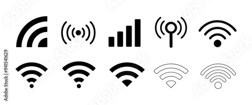 Wifi Vector Icon set, Wireless Internet Connect symbol for smart phone, Web, App interface in Minimal style, Technology communication graphic elements, Vector stock