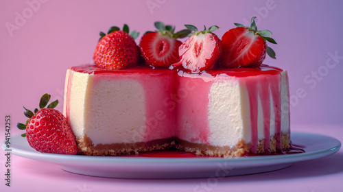 A slice of strawberry cheesecake with a strawberry on top