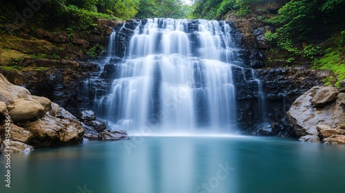 Tropical Waterfall Oasis, a vibrant scene featuring a cascading waterfall surrounded by lush greenery, illuminated by warm sunlight, perfect for summer relaxation and inspiration.