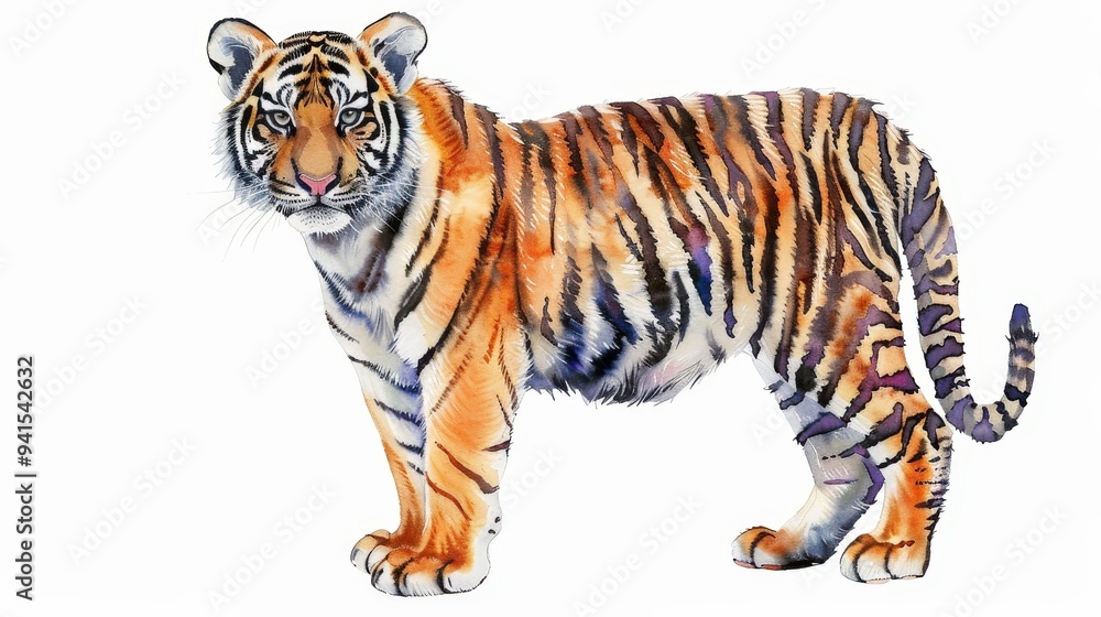 Obraz premium Whimsical Tiger Cub Illustration, a charming watercolor depiction of a curious tiger cub with intricate fur details, perfect for children's literature, inviting and playful design.