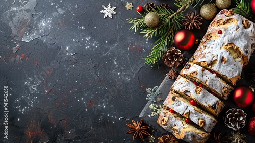 Chocolate yule log, fir branches and citrus fruits on a dark background. Festive mood. Happy New Year concept