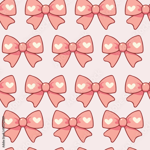 Seamless pattern with cute pink bows with hearts on pink background