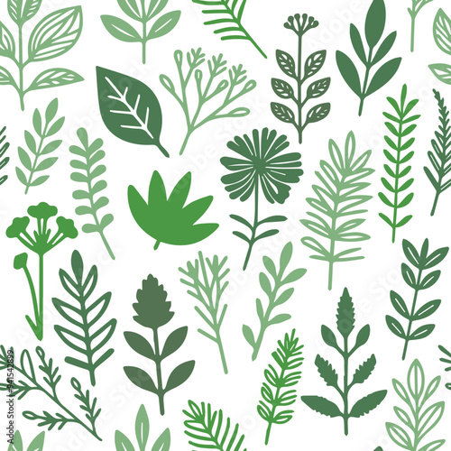 Seamless pattern with green plants of different species on white background