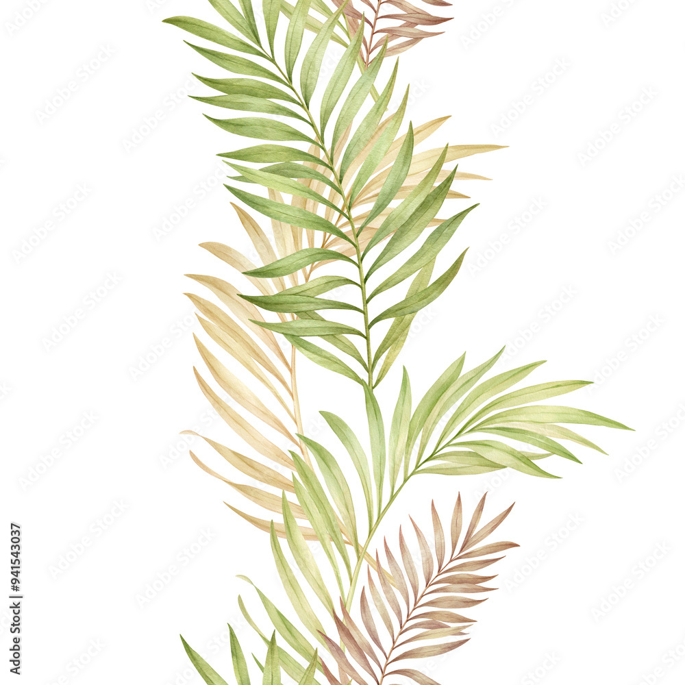 Obraz premium Palm leaves in seamless border watercolor illustration isolated. Border for design, banners, wallpapers, patterns.