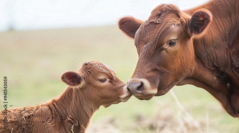 Angus calf bonding with mother, nurturing relationship, essence of maternal care, tender interaction and growth in a serene pasture environment Angus calf bonding with mother, nurturing relationship, essence of maternal care, tender interaction and growth in a serene pasture environment