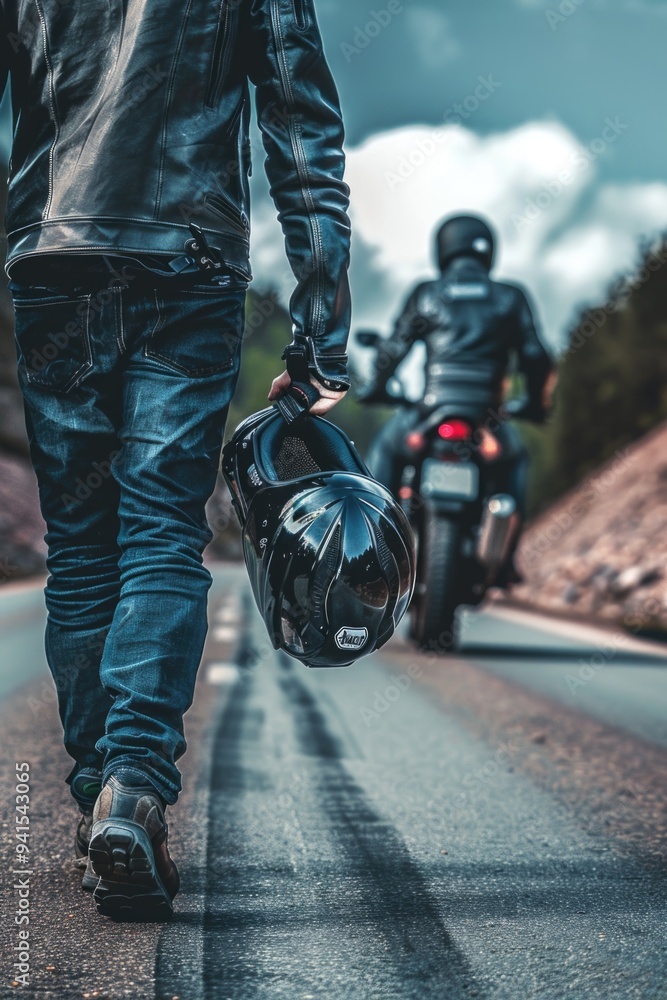 A person wearing a helmet walks down a road, possibly for safety or protection A person wearing a helmet walks down a road, possibly for safety or protection