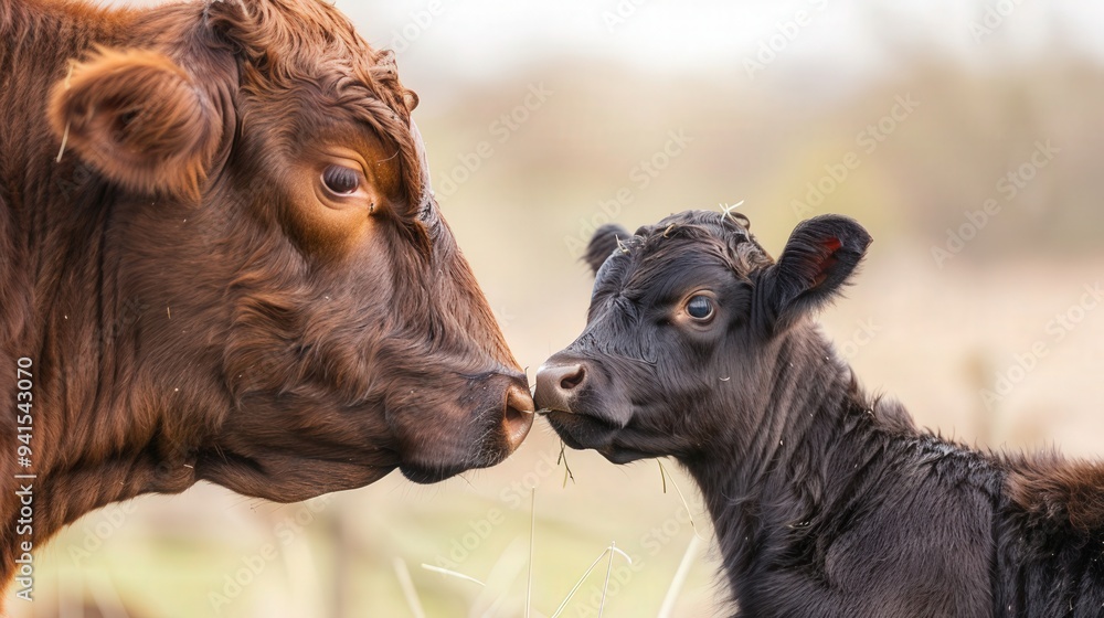 Fototapeta premium Tender bond of young Angus calf nursing from mother, showcasing nurturing instincts, maternal care, and the intimate connection between calf and cow in a pastoral setting