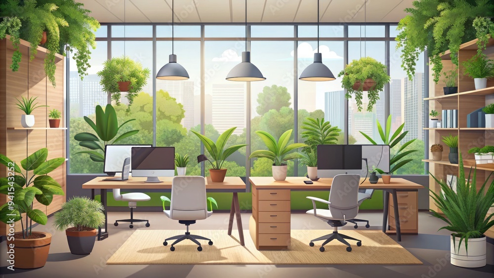 Fototapeta premium Biophilic Office: Nature-inspired office vector art incorporating plants, organic shapes, and earthy tones