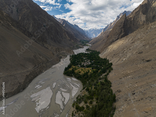 Aerial view of a valley that leads to Mashabrum  and the town of Hushe in GIlgit Balitstan, Pakistan, Karakoram range of the Himalayas. photo