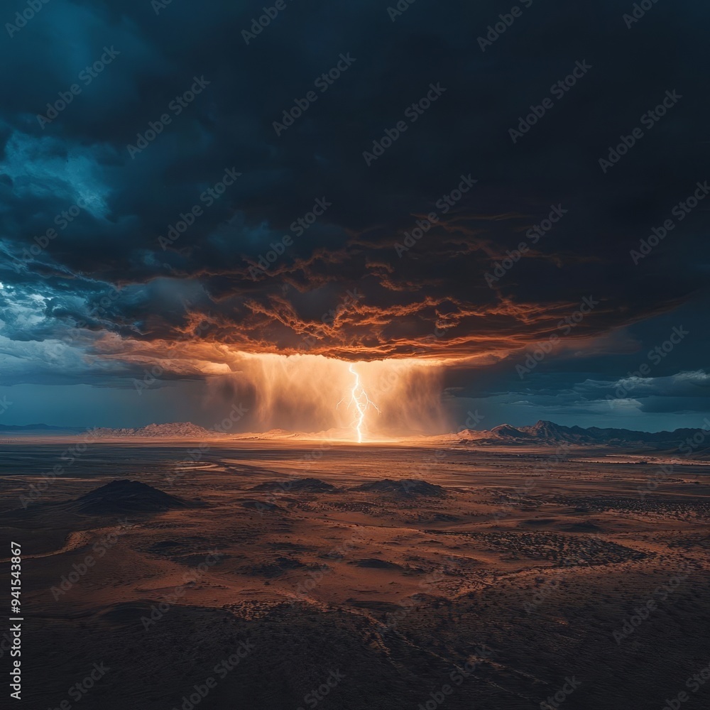 Fototapeta premium Dramatic storm clouds illuminate the sky, showcasing a powerful lightning strike over a vast, arid landscape during a rainstorm.