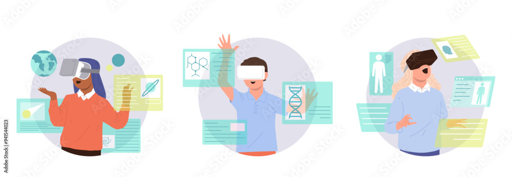 Happy experienced schoolchildren cartoon characters using virtual reality technology for education Happy experienced schoolchildren cartoon characters using virtual reality technology for education
