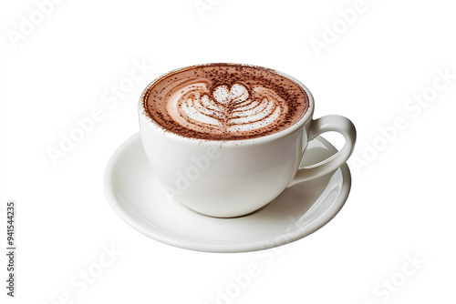 A cup of mocha latte with the picture above, white background