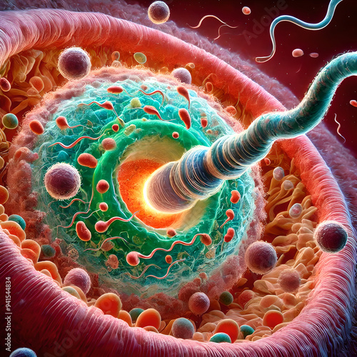 Process of fertilization within the fallopian tube, where a sperm cell is merging with an egg. structure egg cell, surrounding microenvironment within fallopian tube. Emphasize fusion sperm. photo