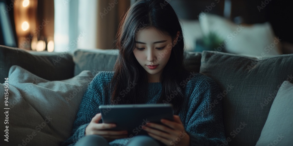 Engrossed in Tablet - Introspective Moment Engrossed in Tablet - Introspective Moment