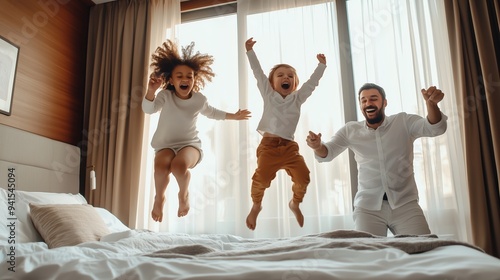 Happy children joyfully jumping on a bed with their father in a sunny, cozy bedroom during a playful morning photo