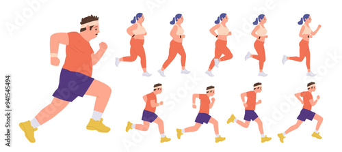 People cartoon characters running enjoying body transformation, slimming and weight lose set