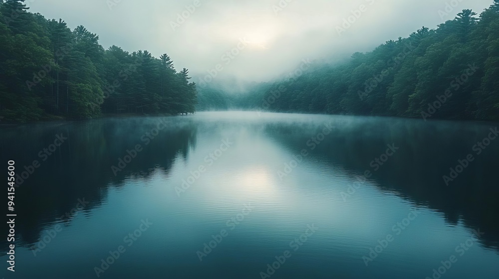 Serene lake view surrounded by misty trees, capturing tranquility and nature's beauty at dawn.