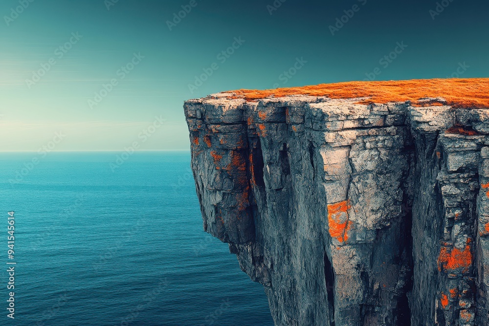 A breathtaking view of a steep cliff with rugged textures, covered in orange moss, standing tall above the serene ocean below. A breathtaking view of a steep cliff with rugged textures, covered in orange moss, standing tall above the serene ocean below.