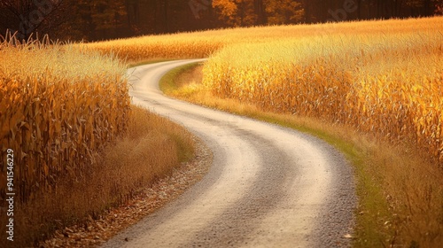Autumnal Rural Road Winding Through Golden Cornfields at Sunset