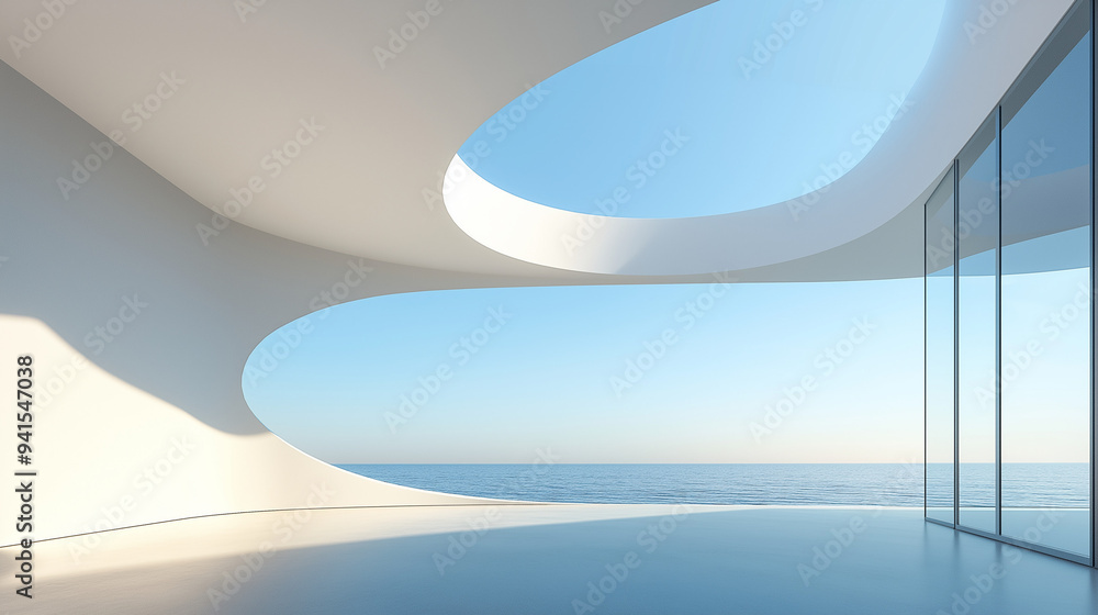 Obraz premium A modern minimalist architectural space with a circular skylight, glass walls. The open design creates a bright, airy atmosphere.