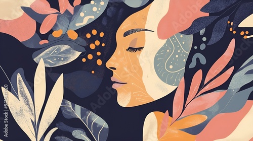 Beautiful woman with floral hairstyle, vector illustration, fashion design, glamour look photo