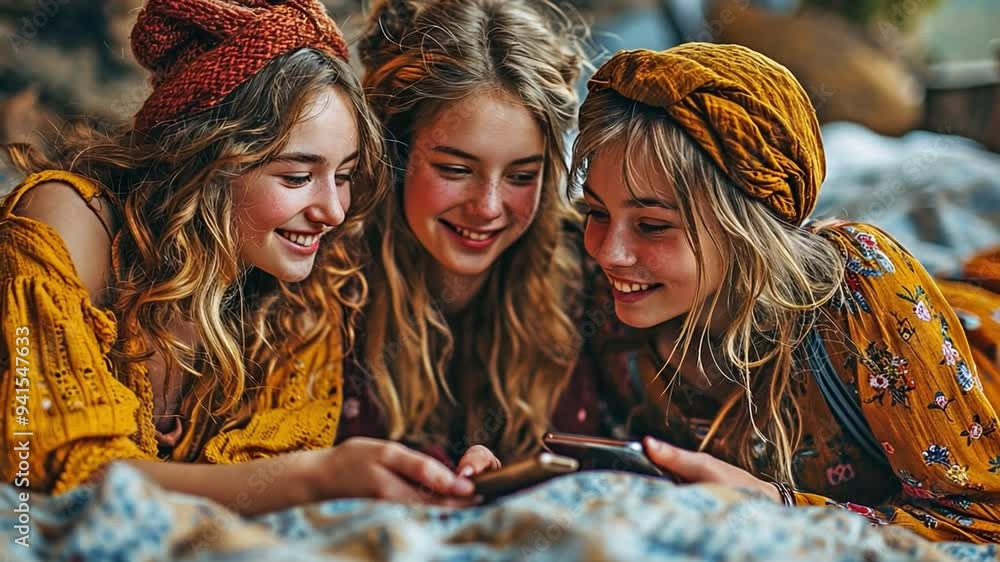 Friendships amongst contented, different adolescent girls as they lay in bed, talking on cellphones
Friendships amongst contented, different adolescent girls as they lay in bed, talking on cellphones