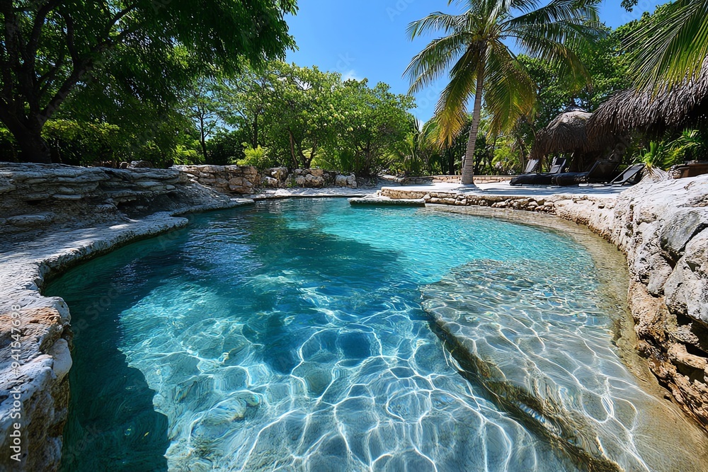 A hot spring with clear, turquoise water, surrounded by tropical vegetation and tall palm trees A hot spring with clear, turquoise water, surrounded by tropical vegetation and tall palm trees