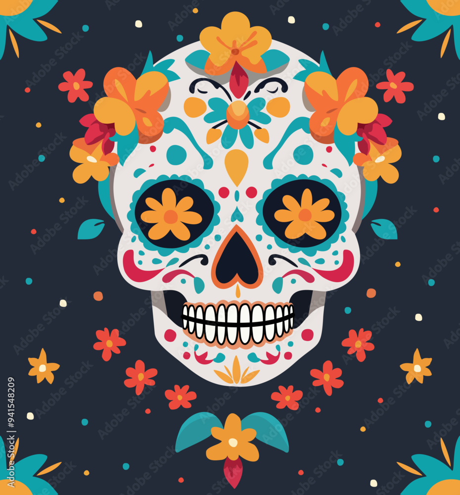 Sugar skull. Vector bright decorative illustration on dark blue background. Day of the Dead celebration. Sugar skull. Vector bright decorative illustration on dark blue background. Day of the Dead celebration.