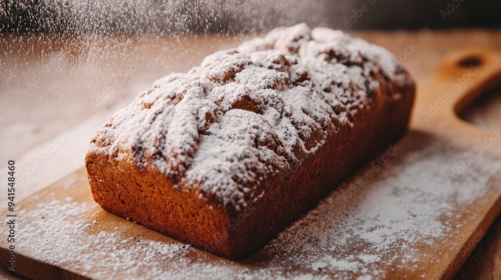 Freshly Baked Loaf of Bread Dusted with Flour on Wooden Board