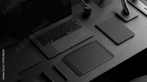 Dark Minimalist Workspace: Sleek black tech and stationery essentials arranged meticulously on a matte black desk, embodying modern sophistication and productivity. photo