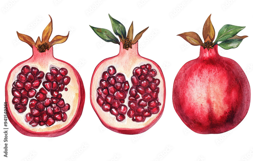 This artwork displays three pomegranates, featuring one whole fruit alongside two halved versions revealing vibrant seeds and lush green leaves, highlighting their natural beauty This artwork displays three pomegranates, featuring one whole fruit alongside two halved versions revealing vibrant seeds and lush green leaves, highlighting their natural beauty