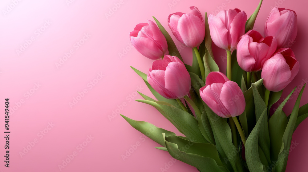 A bouquet of pink tulips is arranged on a pink background A bouquet of pink tulips is arranged on a pink background