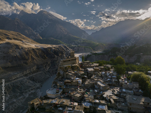 Aerial view of Altit fort, located in the district of Hunza is the oldest building of the Gilgit Baltistan Province of Pakistan, its in the Karakoram range of the Himalayasg photo