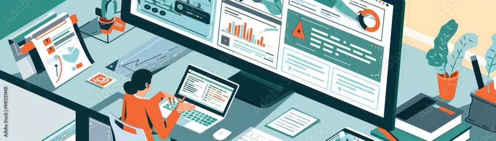 Business professional working on multiple screens with data analytics and charts for analysis and productivity in a modern office. Business professional working on multiple screens with data analytics and charts for analysis and productivity in a modern office.
