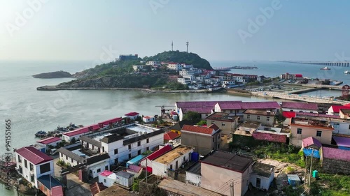 4K aerial photography of Yangshan Island, Lianyungang, an island fishing village photo