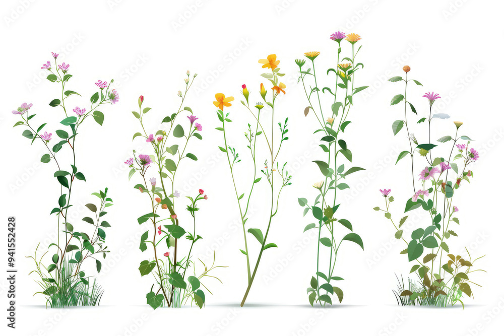 collection of plant based magical effects, instant flowers blooming and fast growing vines on a white background. collection of plant based magical effects, instant flowers blooming and fast growing vines on a white background.