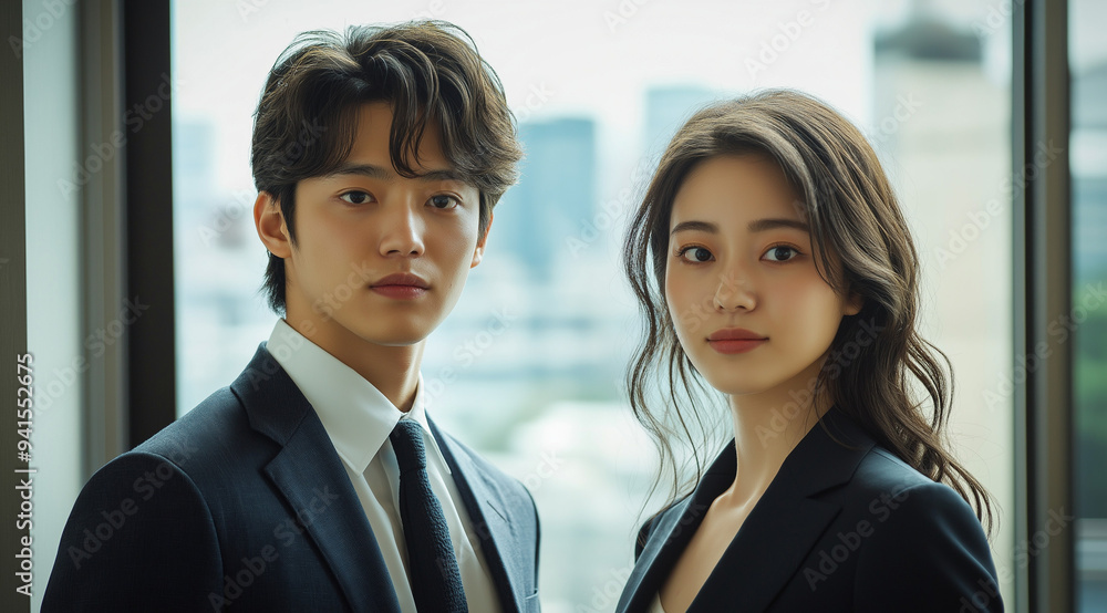 A Japanese male and female business professionals in an office, wearing suits, standing side by side. The background is an office space with large windows. A Japanese male and female business professionals in an office, wearing suits, standing side by side. The background is an office space with large windows.