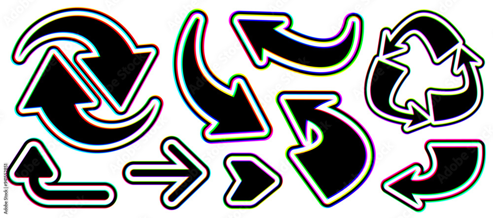 Collection of glitch-style recycling and arrow symbols with vibrant distortion effects. Vector illustration ideal for eco-friendly and digital designs. Collection of glitch-style recycling and arrow symbols with vibrant distortion effects. Vector illustration ideal for eco-friendly and digital designs.