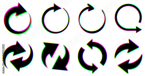 Set of circular glitch-style arrows with vibrant distortion effects. Vector illustration ideal for modern digital designs.