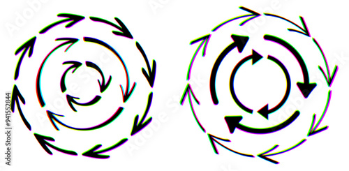 Set of circular glitch-style arrows featuring vibrant distortion. Vector illustration ideal for tech and modern designs.