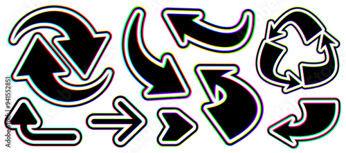 Collection of glitch-style recycling and arrow symbols with vibrant distortion effects. Vector illustration ideal for eco-friendly and digital designs.