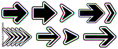 Collection of glitch-style arrow symbols with vibrant distortion effects. Vector illustration perfect for digital and creative projects.
