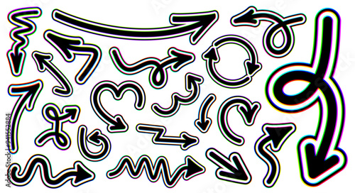 Set of glitch-style wavy and looped arrows with vibrant distortion effects. Vector illustration ideal for modern and artistic designs.