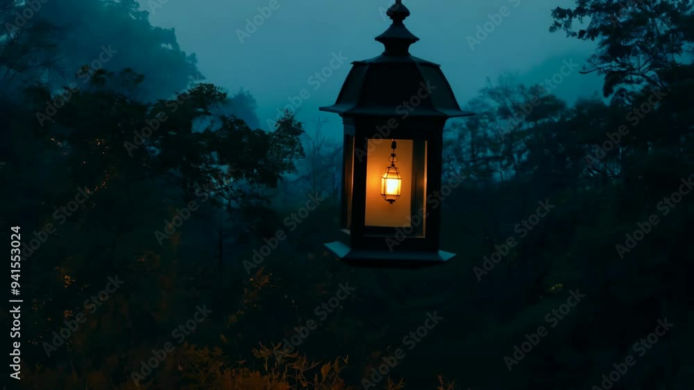 Cozy lantern illuminates a serene garden at dusk, creating a peaceful evening atmosphere Cozy lantern illuminates a serene garden at dusk, creating a peaceful evening atmosphere