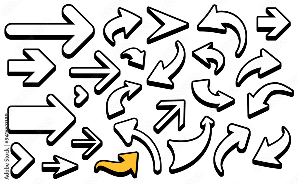 A collection of outlined arrow icons in bold black and accented with gold, featuring dynamic shapes and varied directions. Perfect for creative digital designs. Vector illustration. A collection of outlined arrow icons in bold black and accented with gold, featuring dynamic shapes and varied directions. Perfect for creative digital designs. Vector illustration.